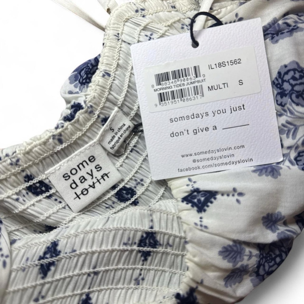 NWT Somedays Lovin Morning Tides Blue & White Wide Leg Flowy Jumpsuit — SMALL - Picture 2 of 6